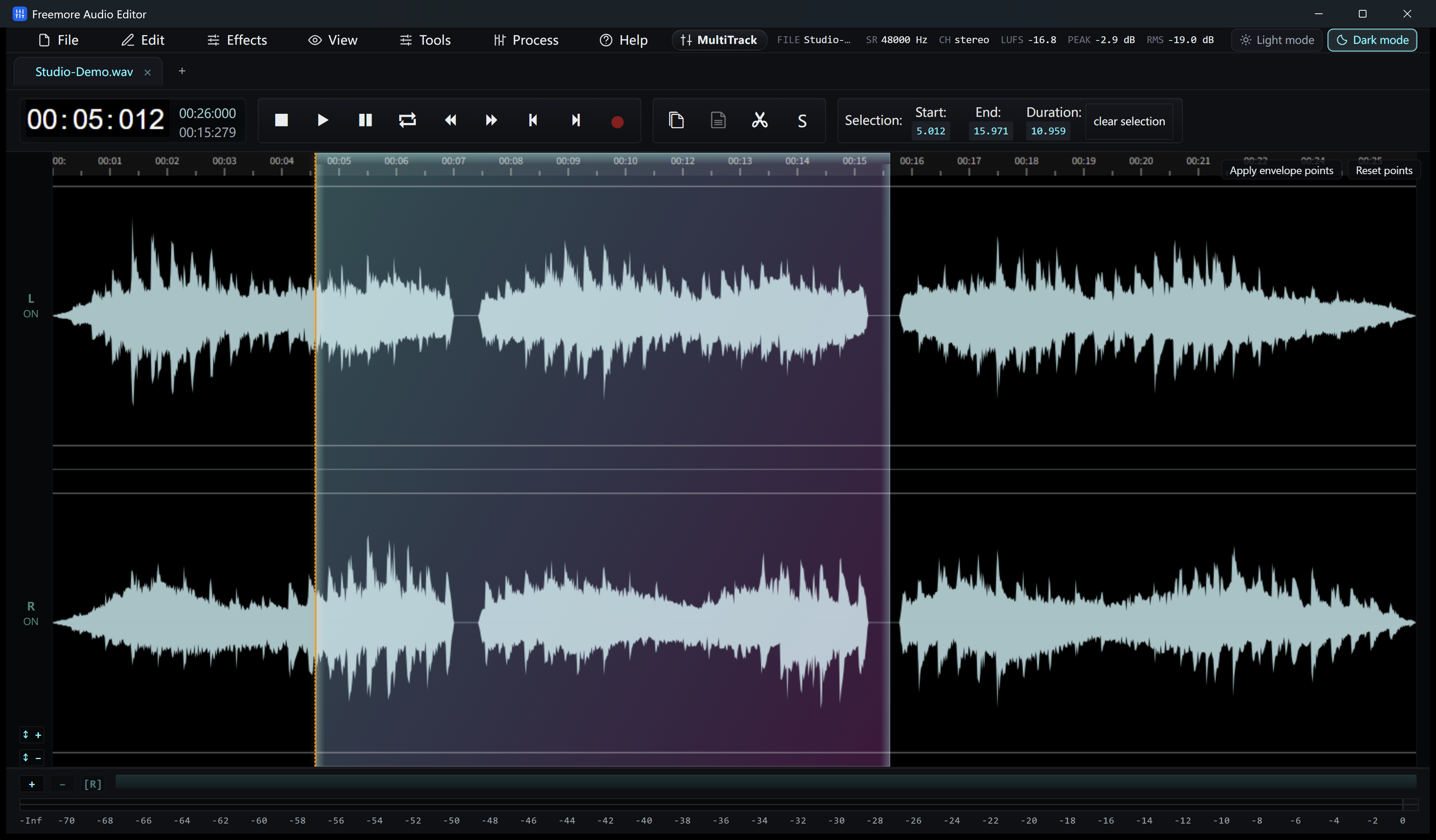 Audio Editor with a waveform selection