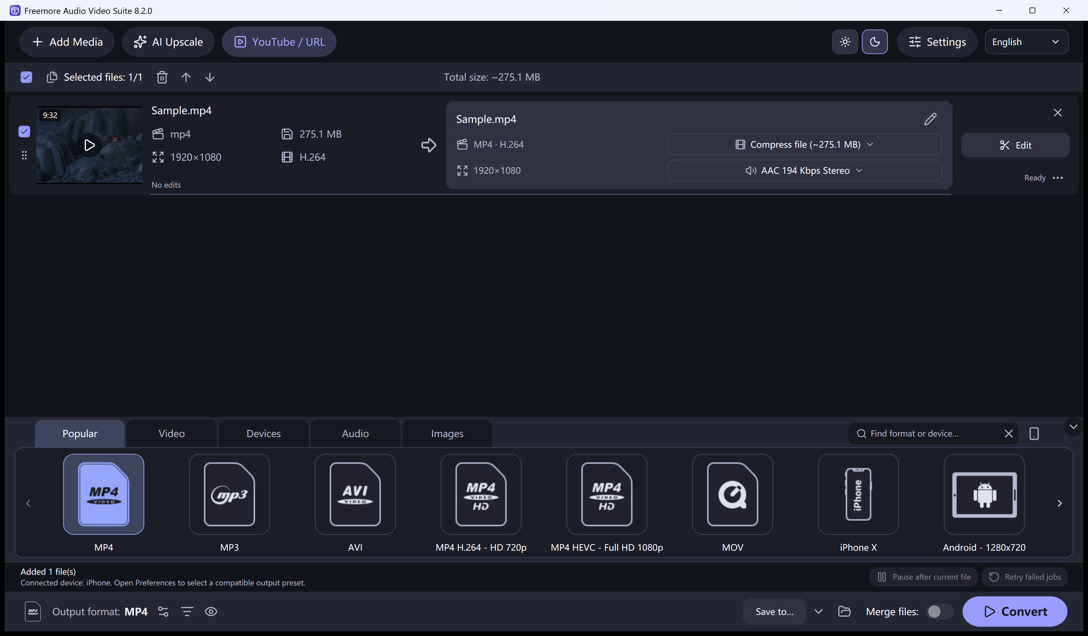 Audio Video Suite converting a video